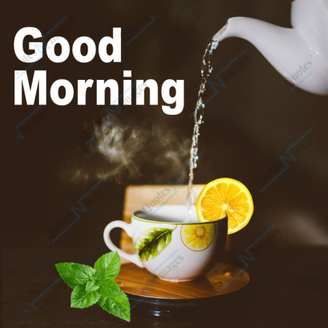 Single lemon tea cup and mint leaf on the table, cup filling with hot water, foreground of the picture text GOOD MORNING