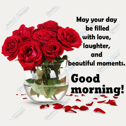 A bunch of red roses in a glass jar filled with water, and some fallen rose petals, foreground text of this image 'Good Morning'