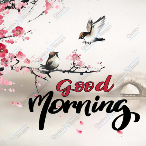 Two birds are sitting on the branch of a tree full of flowers in a misty morning, foreground text - Good Morning