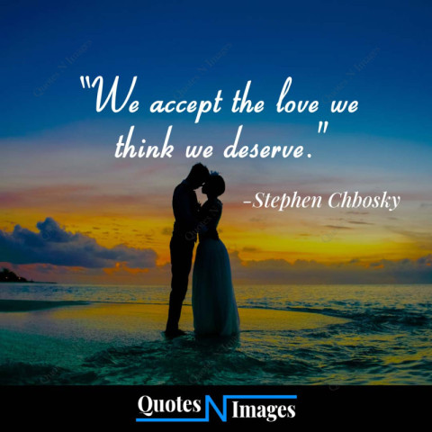 Love quotes written by Stephen Chbosky | A romantic couple standing on the sea beach in the twilight evening