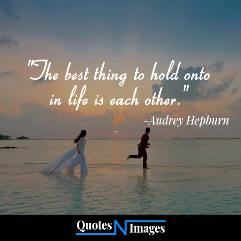 Love quotes written by Audrey Hepburn | A romantic couple running on the sea beach in the twilight evening