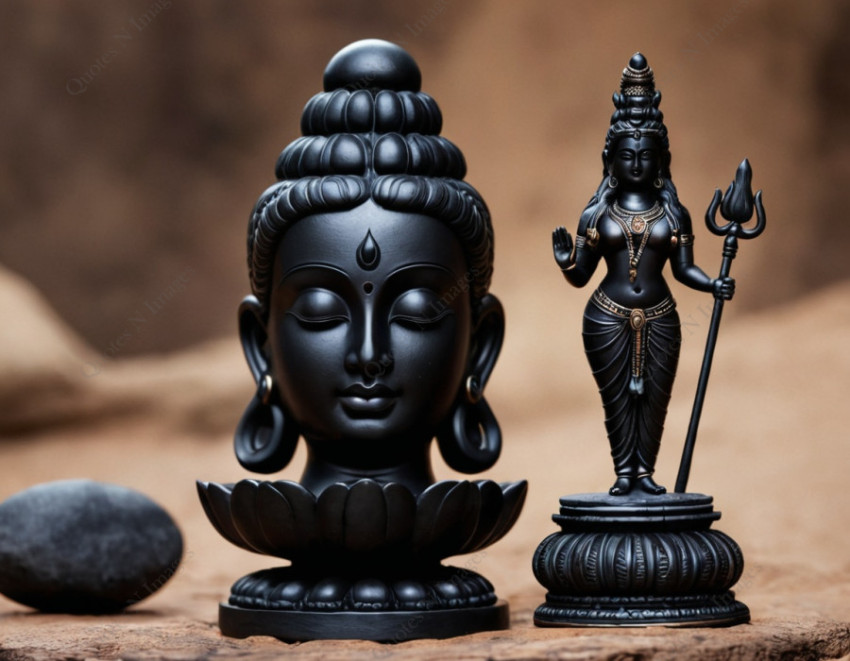 A black stone statue of lord Buddha and devi Parvati with a blur background