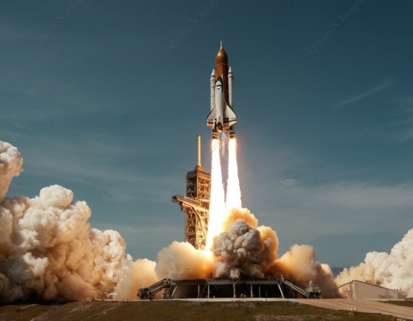 A space shuttle launch with a smoke filled sky behind it