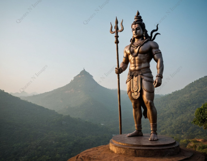 The Lord shiva standing on the hill top green mountain and sky behind it