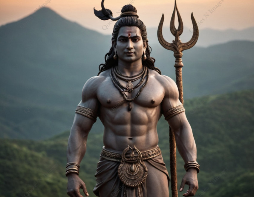 The Lord shiva standing on the hill top green mountain and sky behind it