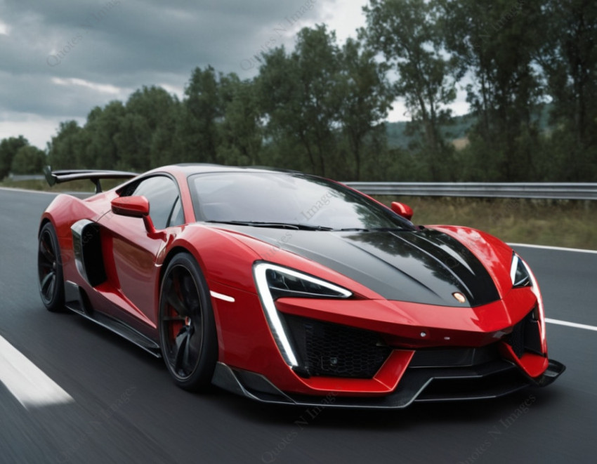 A red and black highspeed sports car is running on the high way