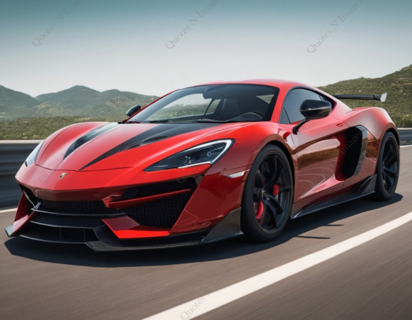 A red and black highspeed sports car is running on the high way