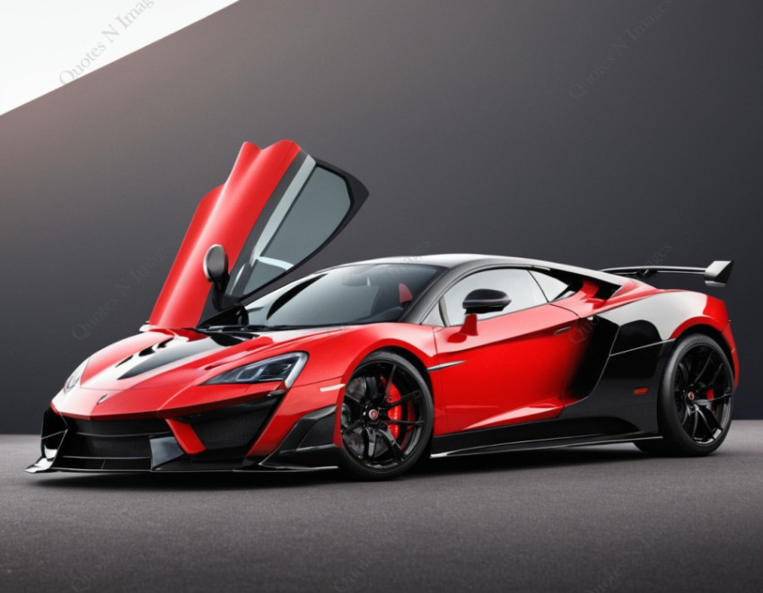 A red and black highspeed sports car is standing and door is open on the showroom