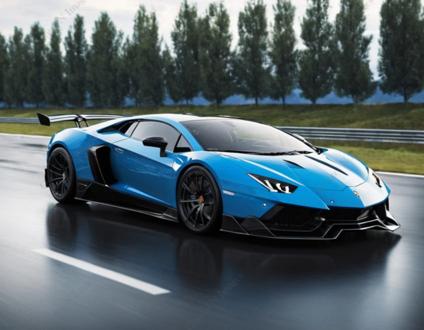 A blue and black highspeed sports car is running on the high way