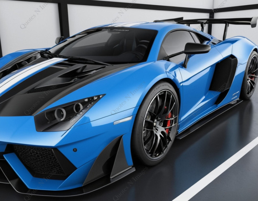 A blue and black highspeed sports car parked in the garage