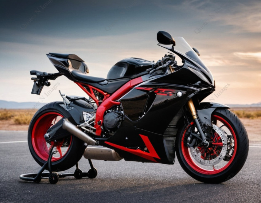 A black and red sports motorcycle super bike standing on the road