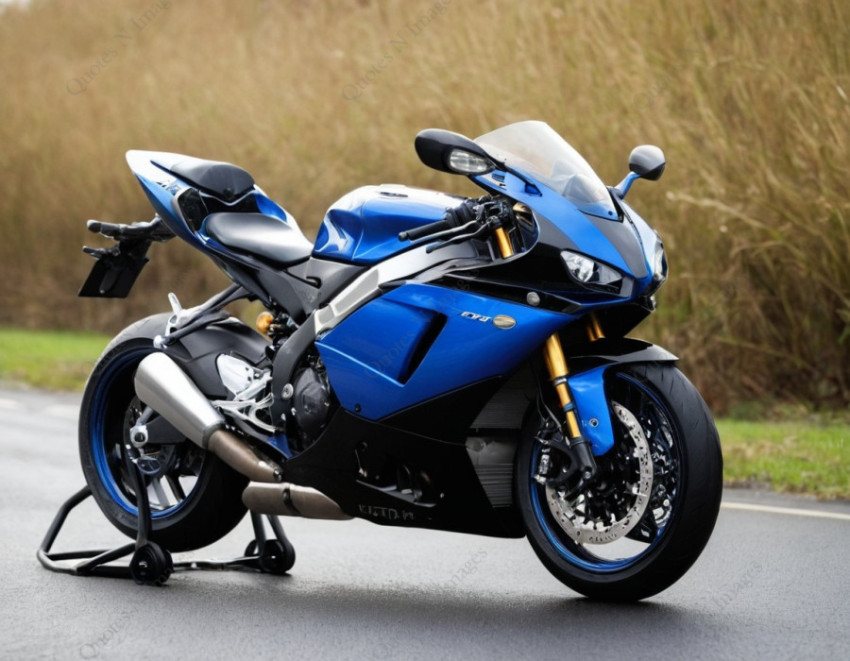 A black and blue sports motorcycle super bike standing on the road