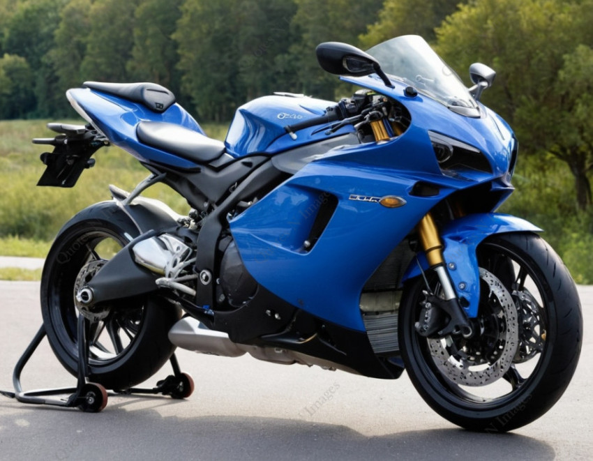 A black and blue sports motorcycle super bike standing on the road