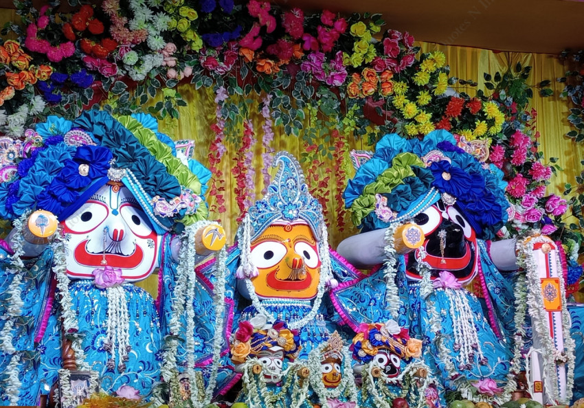 Lord Jagannath Deb with Subhadra and Balaram in blue dress