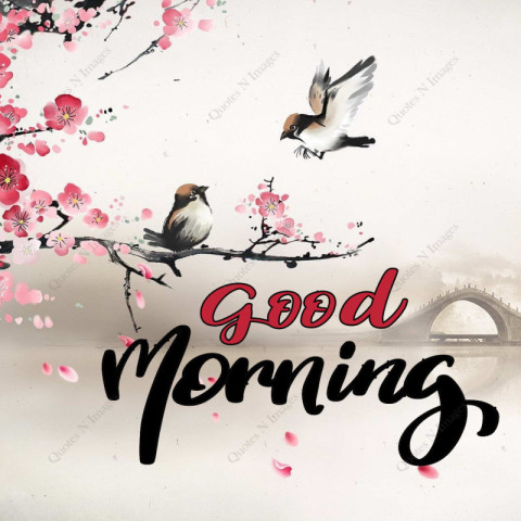 Two birds are sitting on the branch of a tree full of flowers in a misty morning, foreground text - Good Morning