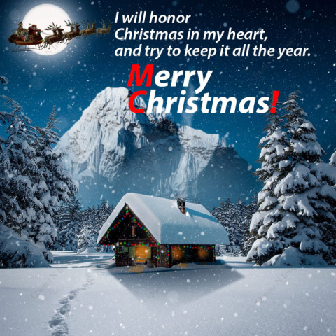 A christmas card with a picture of a house and a sleigh with a christmas tree in the background - Merry Christmas