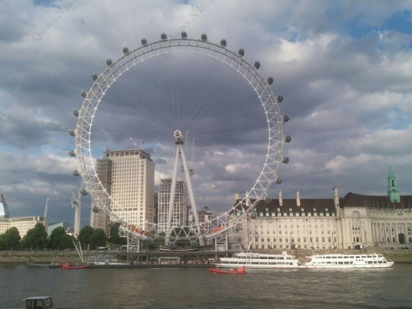 A boat passing in front of the London Eye and London Aquarium on a sunny day