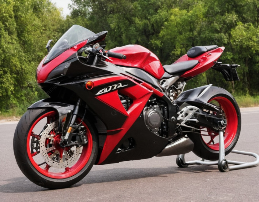 A black and red sports motorcycle super bike standing on the road